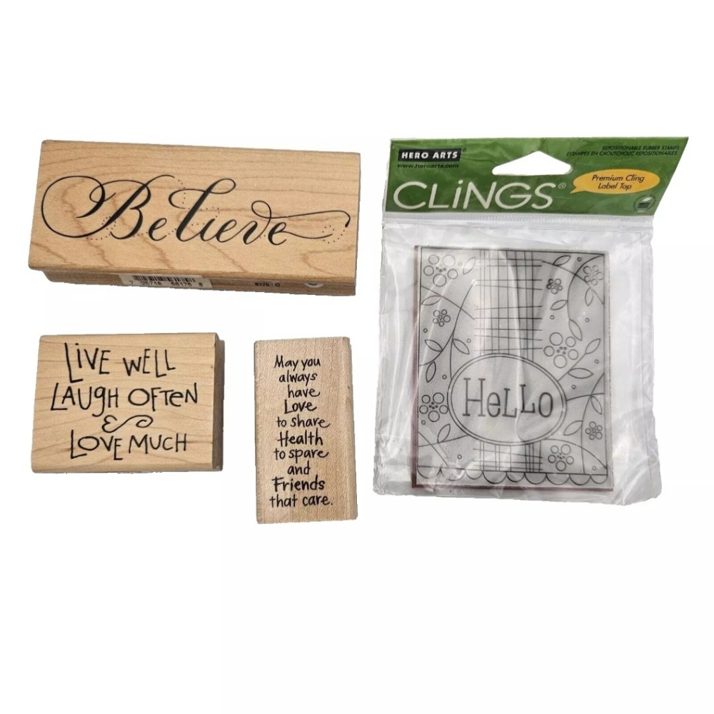 4 Stamps 4 Pigment Pads Believe Hello Live Love Laugh Blessing New NIP NWT